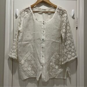 Mastro Moda Blouse Women’s M Button Up White Linen Lace Lagenlook Made In Italy